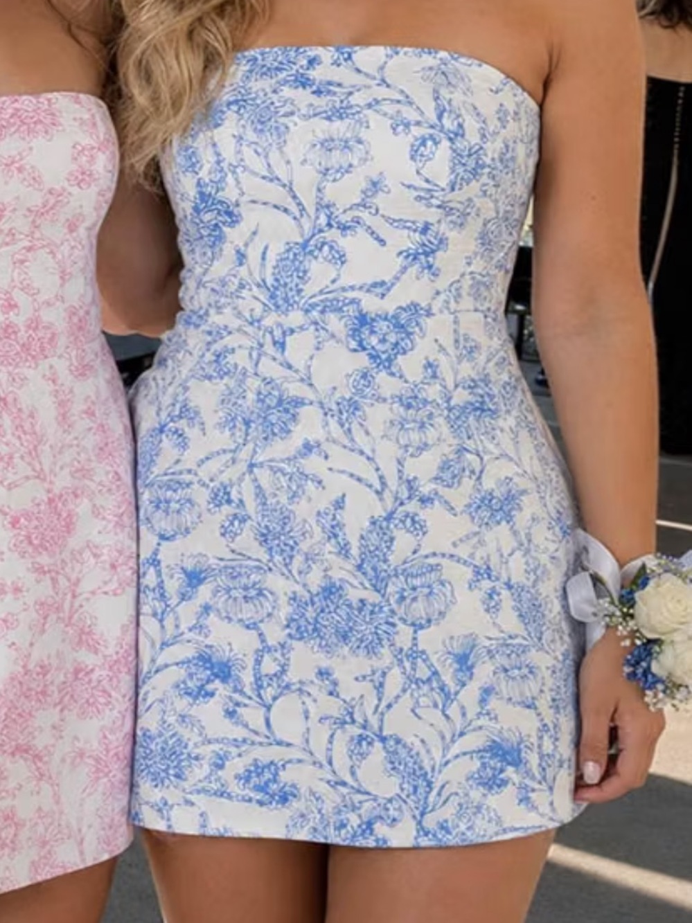 Strapless Blue Floral Mini Dress - size 6